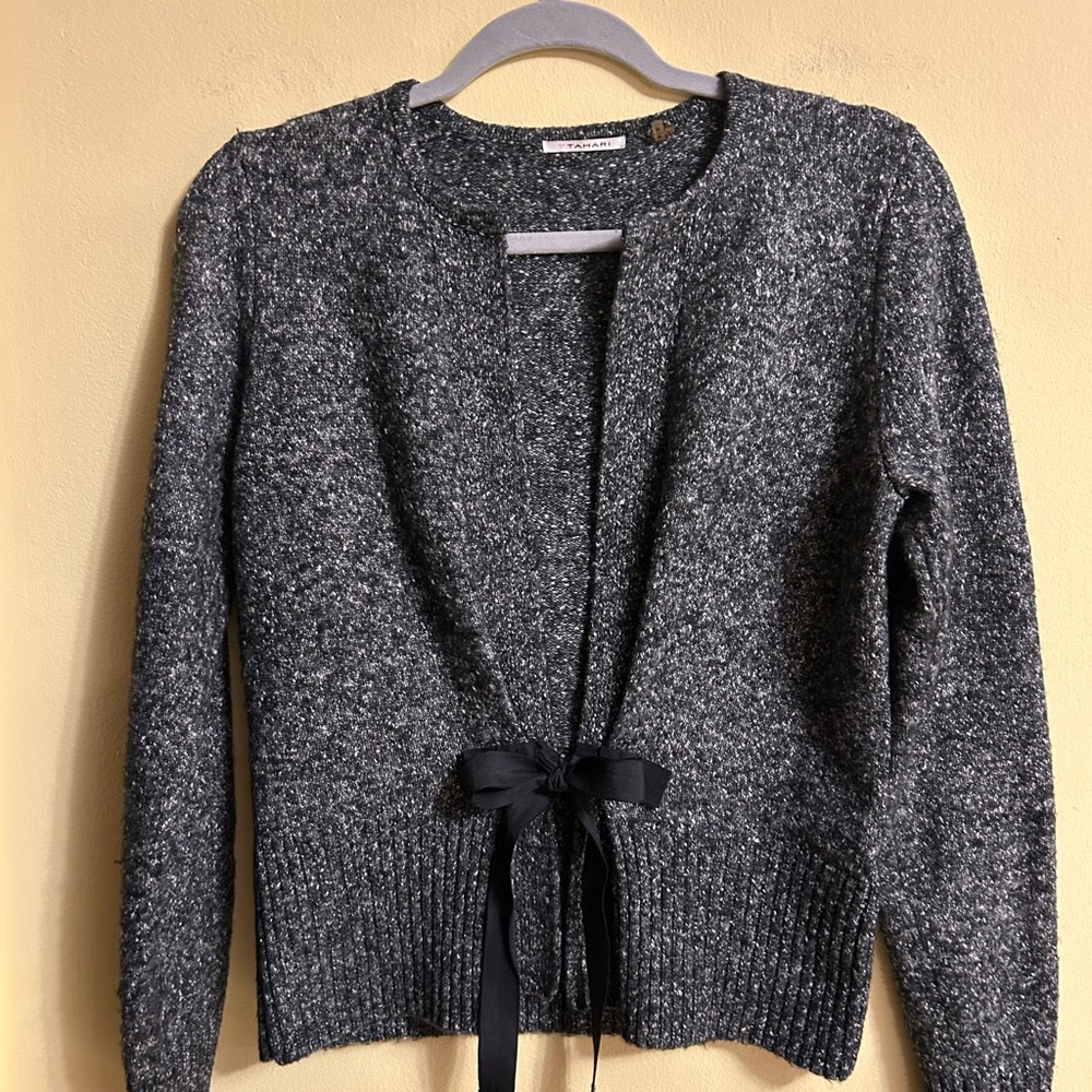 Tahari Charcoal Cardigan with Black Bow